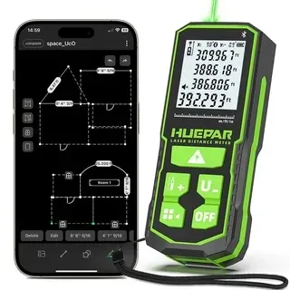 Handheld green laser distance measurer shown beside a smartphone app displaying a room measurement plan and dimensions.